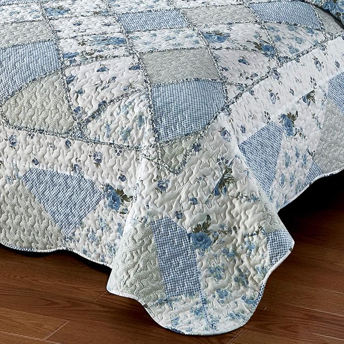 VIVILINEN Blue Floral Patchwork Quilt Set King Size Reversible Quilted Bedding - Image 5