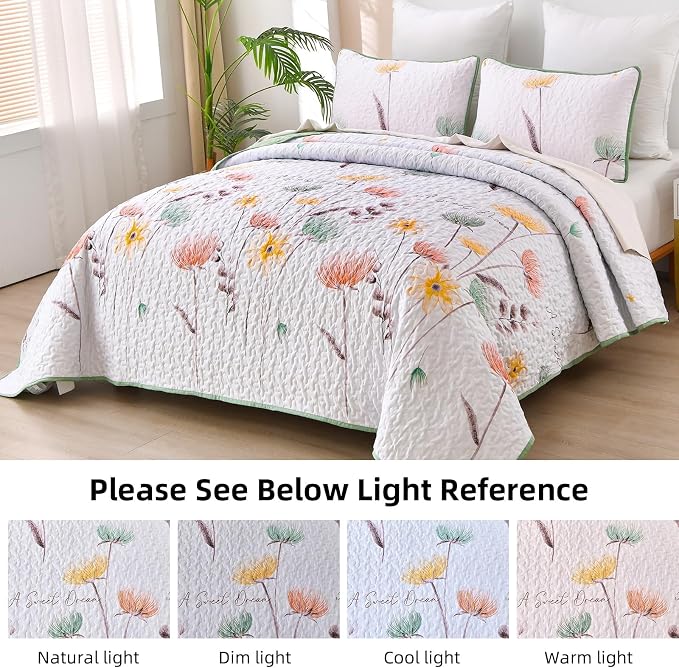 Dinjoy Floral Quilt Set Queen, 3 Pieces Sage Green Botanical Bedspreads | Soft - Image 4