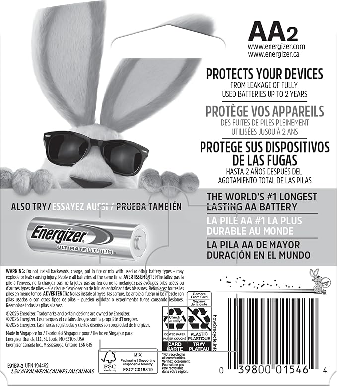 Energizer MAX Alkaline Double A Batteries, 2 Count, Long-Lasting AA Batteries, Suitable for Kids' Toys and Everyday Electronics