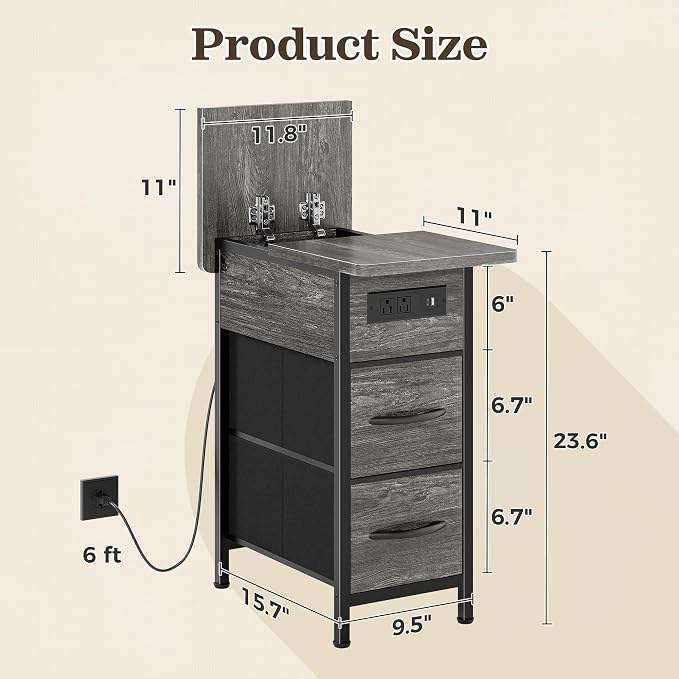 Huuger Narrow End Table with Charging Station, Side Table with 2 Drawers | Slim - Image 3