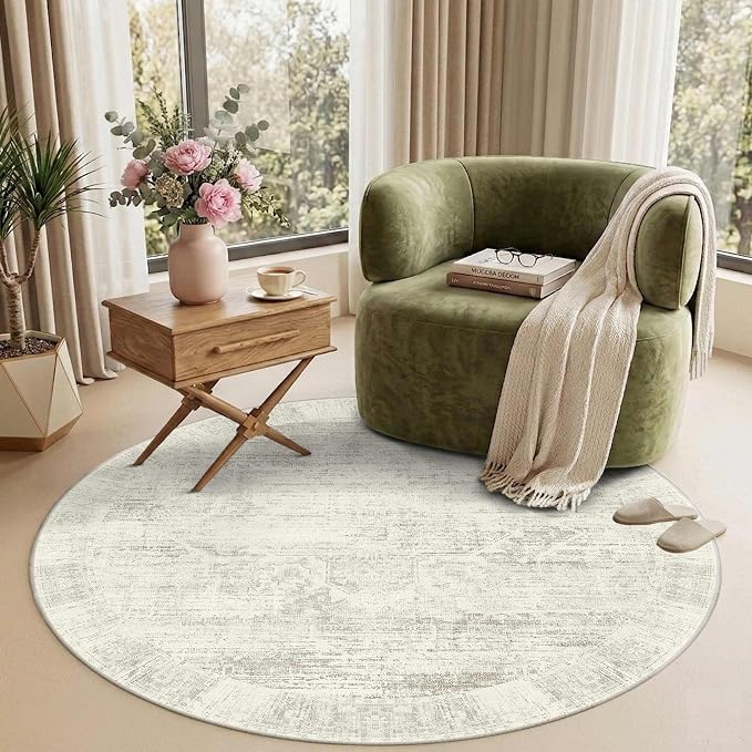 Latte&Fog 4ft Round Area Rug forBedroom Washable Circle Neutral Ivory Rug | Non - Image 3