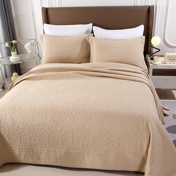 ROOMLIFE Quilt Set Queen Size 3D Floral Embroidery Pattern 3-Piece Cotton - Image 2