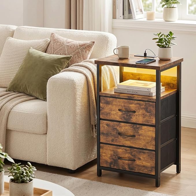 Fixwal Night Stand with 3 Fabric Drawers, Nightstand with Charging Station | - Image 7