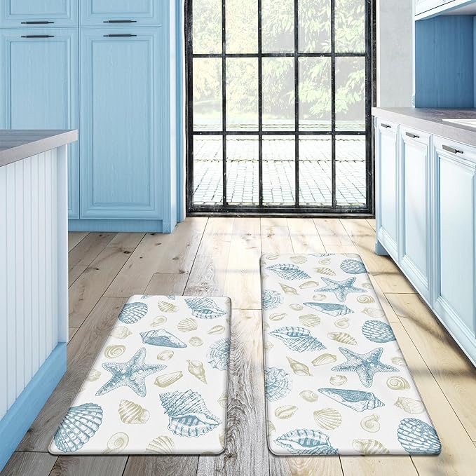 Kitchen Mats for Floor Cushioned Anti Fatigue Sets of 2 Beach Theme Kitchen Rugs Non Slip Waterproof Coastal Foam Kitchen Floor Rug Nautical Seashell Comfort Standing Mat For Sink Laundry, Blue