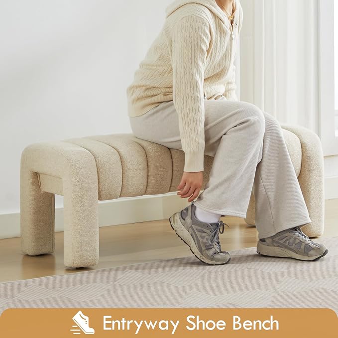 43" End of Bed Bench, Linen Beige | Channel Tufted Upholstered, Entryway Bench - Image 7