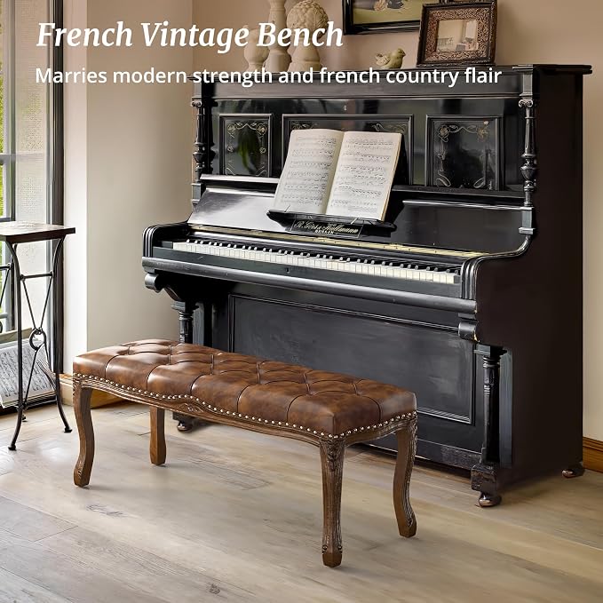 Bedroom Bench, French Vintage Tufted Leather Bench, 45.2" Carving Upholstered - Image 7