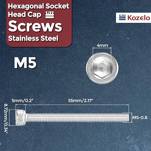 Kozelo 20pcs Socket Head Cap Screws - [M5-0.8 x 55mm] 304 Stainless Steel Allen Socket Drive for Electrical Motor 3D Printing Fan Engine Replacement Use, Silver