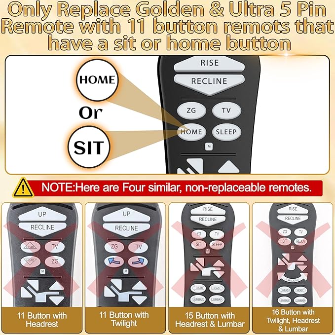 ZKAD-5 5 Pin Lift Chair Remote Only Fit for 2 Motors Golden and Ultra Comfort Chairs with 11 Button(Include SIT or Home, Not Twilight) Remote, Recliner Hand Control Part 5-Years Free Replacement