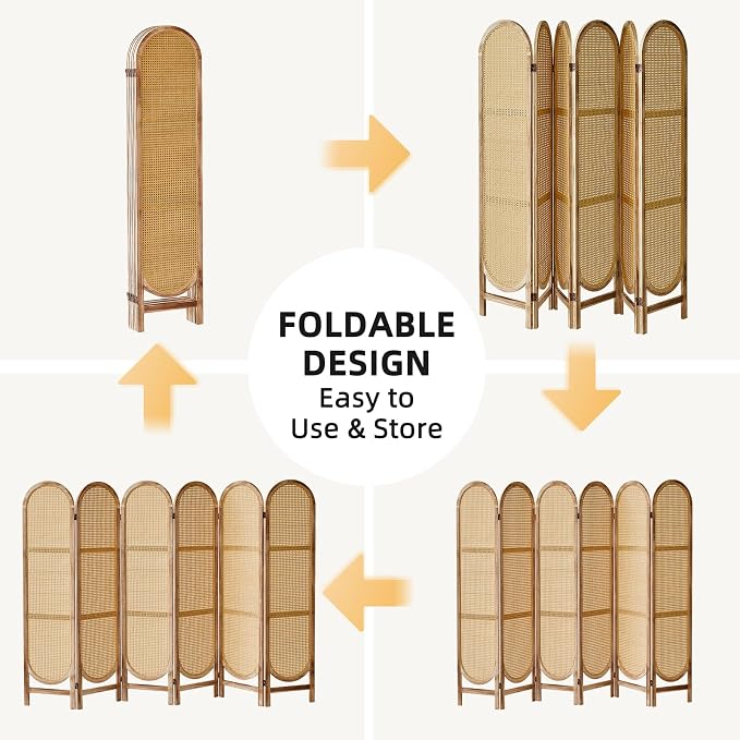 6 Panel Rattan Room Divider, Folding Room Divider Screen, Natural | Pine Frame - Image 7