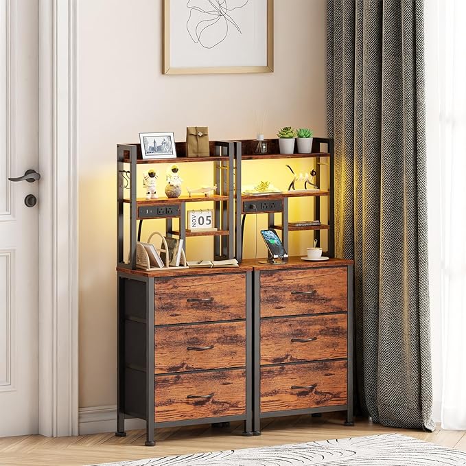 Night Stand Set 2, 45.3" Tall Bedside End Table, Rustic Brown | RGB LED Lights - Image 5