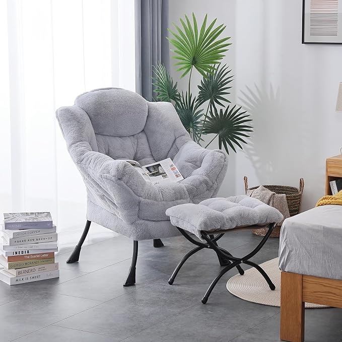 Lazy Chair with Ottoman, Comfy Accent Reading Chair, Plush Grey | Foldable - Image 2