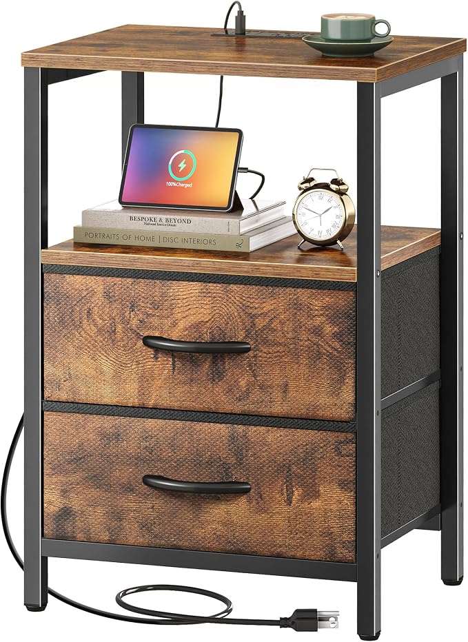 Huuger Nightstand with Charging Station, Side Table with Fabric Drawers | End by Huuger