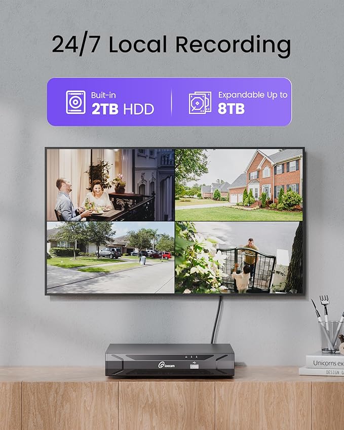 Loocam PoE Security Camera System 8MP 8CH NVR H.265+ 2TB HDD, 4pcs 4K Wired PoE Camera System AI Human Vehicle Detection, Outdoor Indoor Home Security Camera System 24/7 Recording, Remote Access
