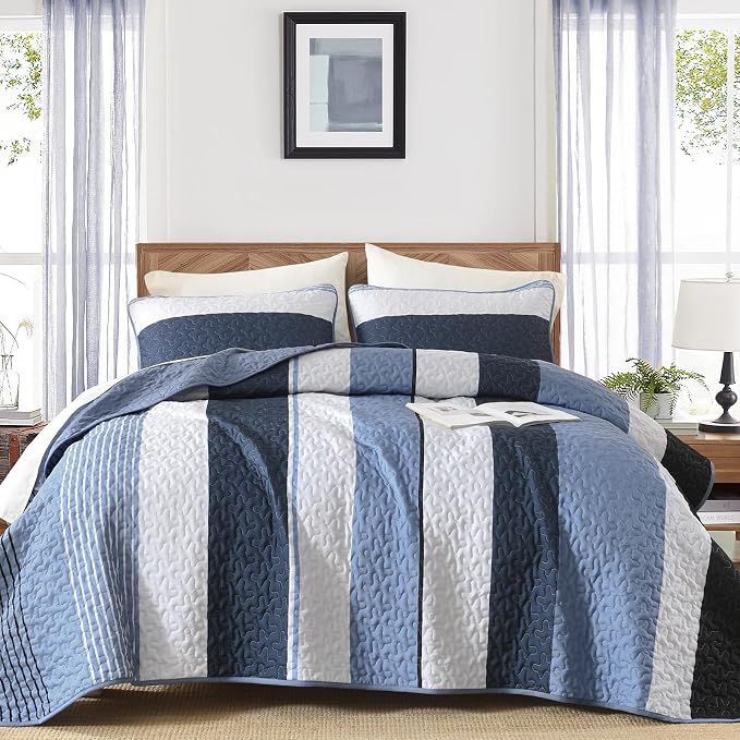 Dinjoy King Boho Striped Quilt Set, Breathable All-Season, 3-Piece Set Fits - Image 3