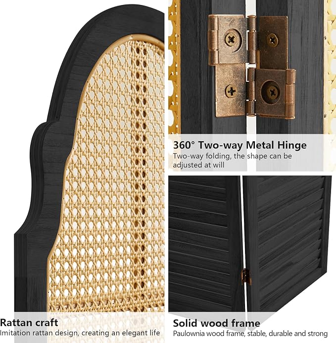4 Panel Wood Room Divider, Folding Privacy Screen, Rattan Room Divider Wall - Image 3