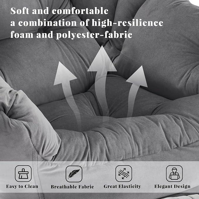 Lazy Chair with Ottoman, Comfy Reading Chair, Darkgrey | Cushioned Seat with - Image 7