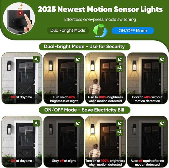 BesLowe Upgraded Motion Sensor Outdoor Wall Lights, 15” Dusk to Dawn Porch Lights Outdoor Wall Sconce Lanterns, 3 Lighting Modes Exterior Lighting Fixtures, Black Outside Lights for House, 2-Pack