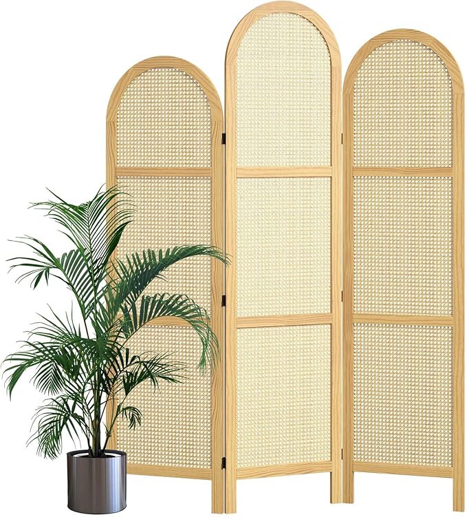 3-Panel Hand-Woven Rattan Room Divider, Tall Foldable Privacy Screen by Svimi