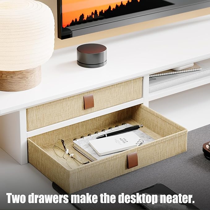 FENSULN Dual‑Tier Monitor Stand Riser with Drawers, Desktop Organizer Shelf Storage for Computer Screen 2 Monitors, Supports for PC Computer Monitor, Printer, Heavy TV Riser White