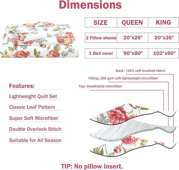 Cmfshape Summer Floral King Quilted Bedspread, Romantic Pink Quilt Set - Image 6
