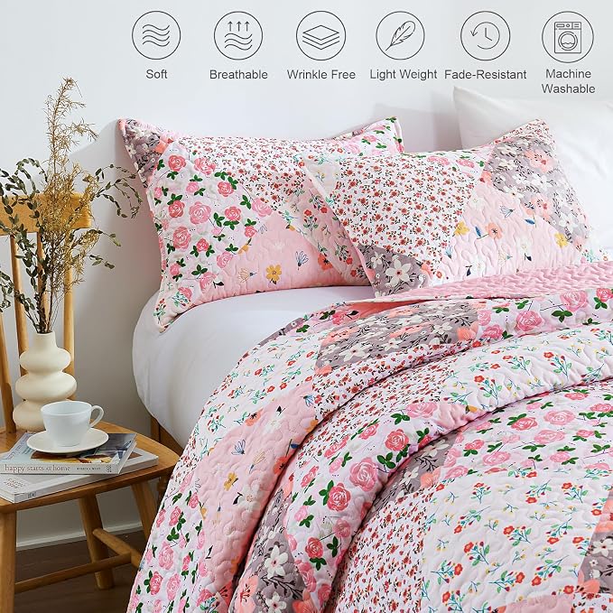 Whale Flotilla Patchwork Quilts Queen Size, Extra Soft Floral Bedspreads | Pink - Image 6
