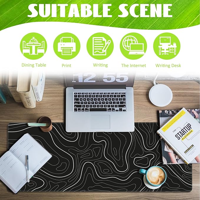 Eflxamz Desk Mat,Black Topographic Contour Map Desk Pad,Topographic Contour Large Gaming Mouse Pad for Desk,Extended Big Computer Keyboard Mouse Pad with Non-Slip Base and Stitched Edge,31.5"x11.8"