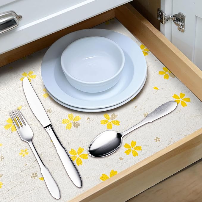 RAY STAR 18X96 Inch Shelf Liner for Kitchen Cabinets, Non-Adhesive Cabinet Liner Washable, PVC Drawer Liner for Dresser Non-Slip Bathroom (Yellow Floral)(1 Roll)