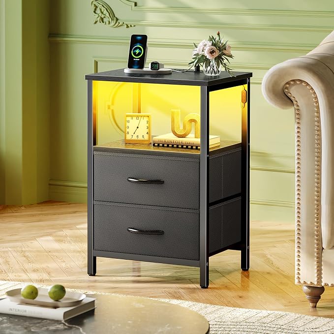 Huuger Night Stand with Charger Station and LED Lights, 2 Drawer Nightstand | - Image 2