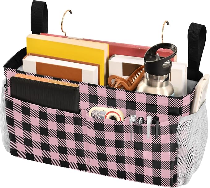 Buffalo Plaid Check Pink Print Bedside Caddy Storage Bag Bedside Organizer - Image 3
