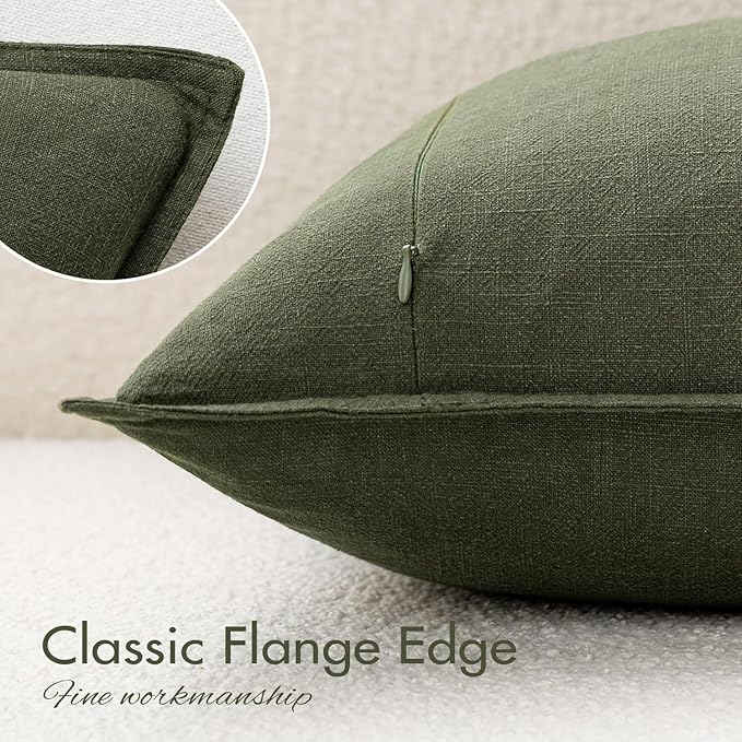 EMEMA Decorative Linen Throw Pillow Covers 20x20 Inch Dark Olive Green Boho Farmhouse Neutral Couch Throw Pillows for Bed Pack of 2 Accent Pillowcase Modern Sofa Cushion Livingroom Home