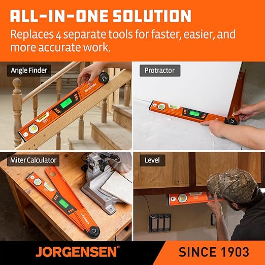 JORGENSEN Digital Angle Finder, Multi Angle Finder Tool with Backlit LCD, Protractor Digital Level with Horizontal & Vertical Bubble