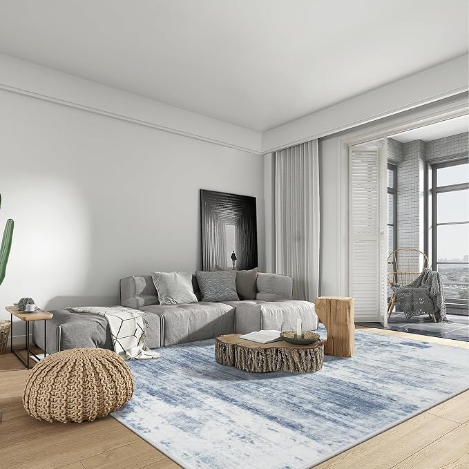 4x6 Area Rugs for Living Room: Washable Abstract Blue White Badroom Carpet | - Image 2