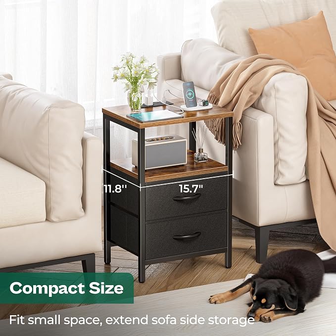 Huuger Nightstand with Charging Station, Side Table with Fabric Drawers - Image 6