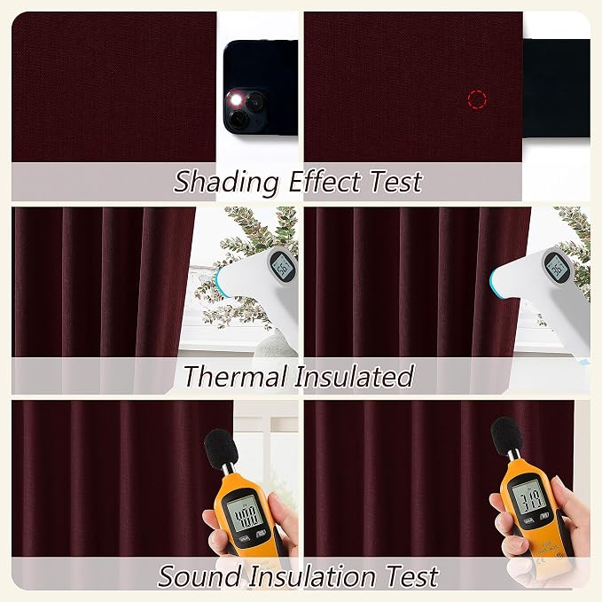 Burgundy 100% Blackout Linen Curtains 102 Inch Length 2 Panels Set - Image 5