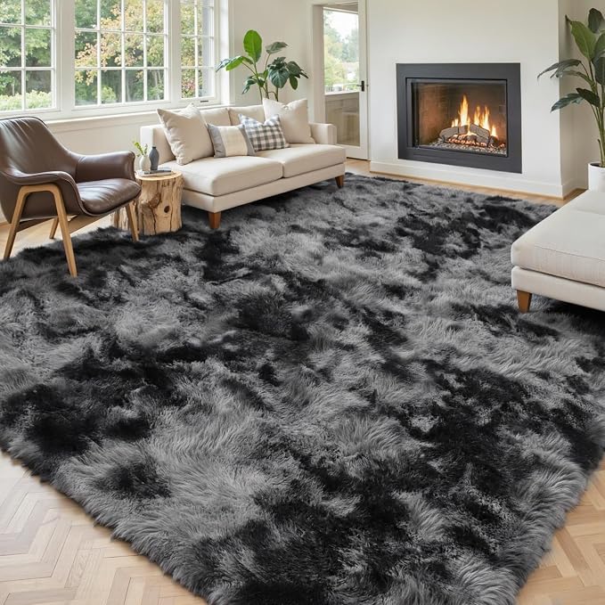6x9 Shag Area Rug for Living Room, Dark Grey Tie-Dyed Plush Fluffy Carpet | - Image 2