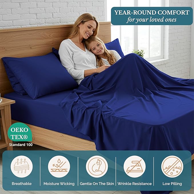 Casa Platino Full Size Bedding Set, Pre-Washed Ultra Soft & Breathable Bed Sheets Set, Brushed Microfiber, Fade Resistant, Full Sheets with Deep Pockets - Navy Blue