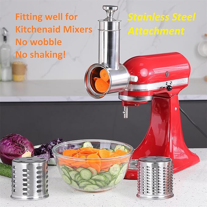 FavorKit Large Stainless Steel Slicer Shredder Attachment for KitchenAid Mixers, Dishwasher Safe Salad Maker, Cheese Grater Accessories with 3 Blades & 1 Knob Thumb Screw
