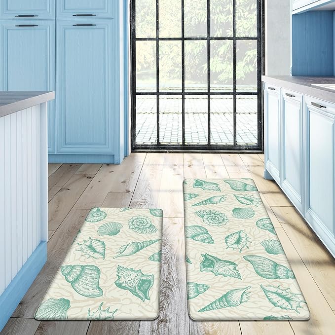 Kitchen Mats for Floor Cushioned Anti Fatigue Sets of 2 Beach Theme Kitchen Rugs Non Slip Waterproof Coastal Foam Kitchen Floor Rug Nautical Coral Seashell Comfort Standing Mat For Sink Laundry, Green