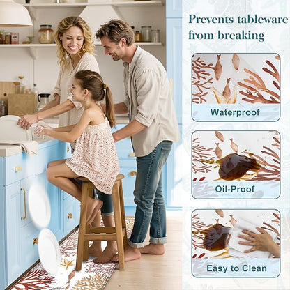 Kitchen Mats for Floor Cushioned Anti Fatigue Sets of 2 Coastal Kitchen Rugs Non Slip Waterproof Nautical Foam Kitchen Floor Rug Beach Theme Coral Fish Comfort Standing Mat for Sink Laundry, Red