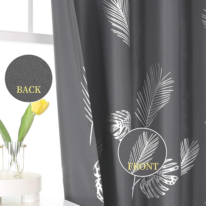 Blackout Curtains for Living Room Silver Palm Tree Printed Thermal Insulated - Image 4