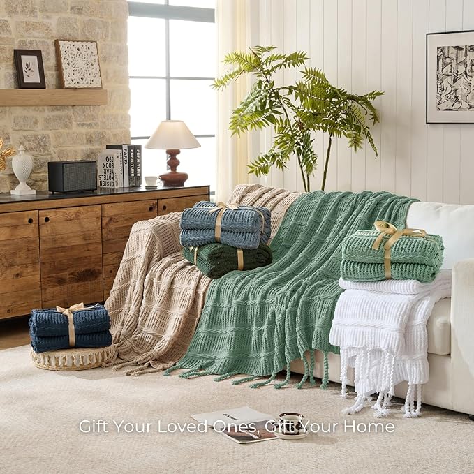 Boho Knitted Chenille Blanket with Tassels - Lightweight & Soft All-Season Throw - 3D Classic Pattern for Living Room Bedroom Couch, Sage Green, Twin 60"x80"