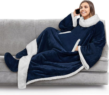 PAVILIA Sherpa Blanket with Sleeves, Foot Pocket for Women Men Adults, Thick Wearable Blanket Throw Wrap, Fleece Warm Snuggle Blanket Robe, Cozy Gift Ideas Wife Mom, Navy Blue