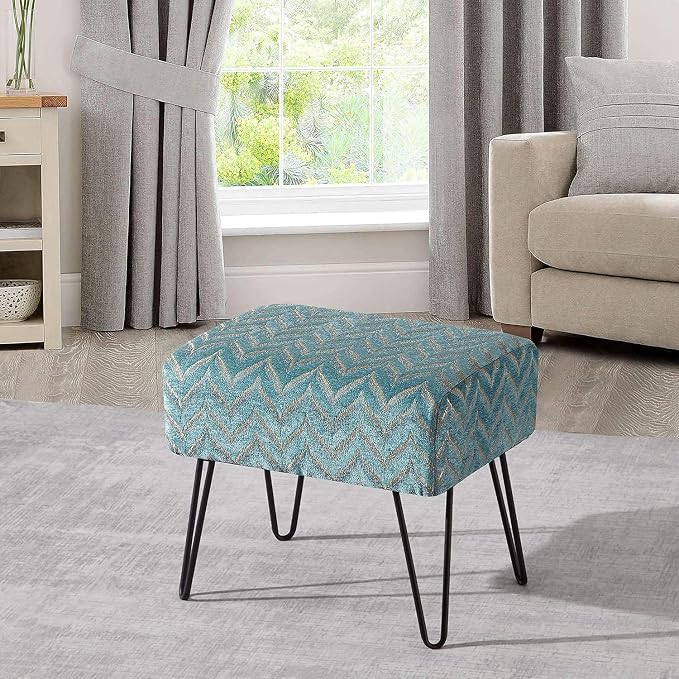 Home Soft Things Blue Jacquard Chenille Ottoman, Arusha - Image 4