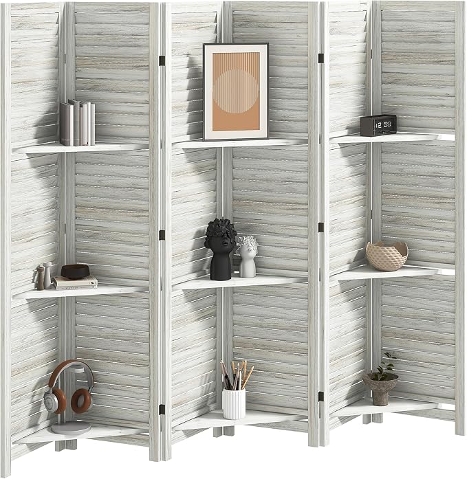 HOMCOM Room Divider with Shelves 6 Panel 67" Wood Screen Distressed White | 3 by HOMCOM