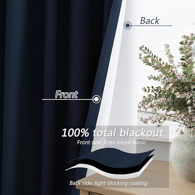 Navy Blue 100% Blackout Curtains 108 Inch Length 2 Panels Set - Image 4