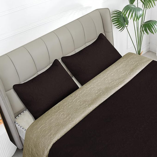 Easy-Going Twin Size Reversible Quilt Set with 1 Quilt and 1 Pillow Sham, Soft Bed Quilt Cover, Water Resistant Lightweight Microfiber Bedspread, Stain Resistant, Damask-Chocolate/Beige