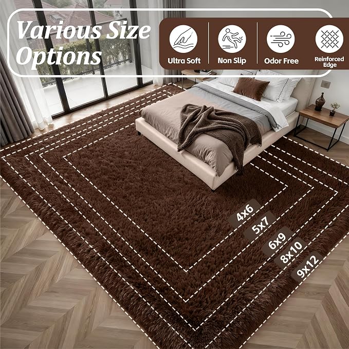 9x12 Area Rug Living Room Bedroom: Fluffy Plush Shag Carpet Brown | - Image 9