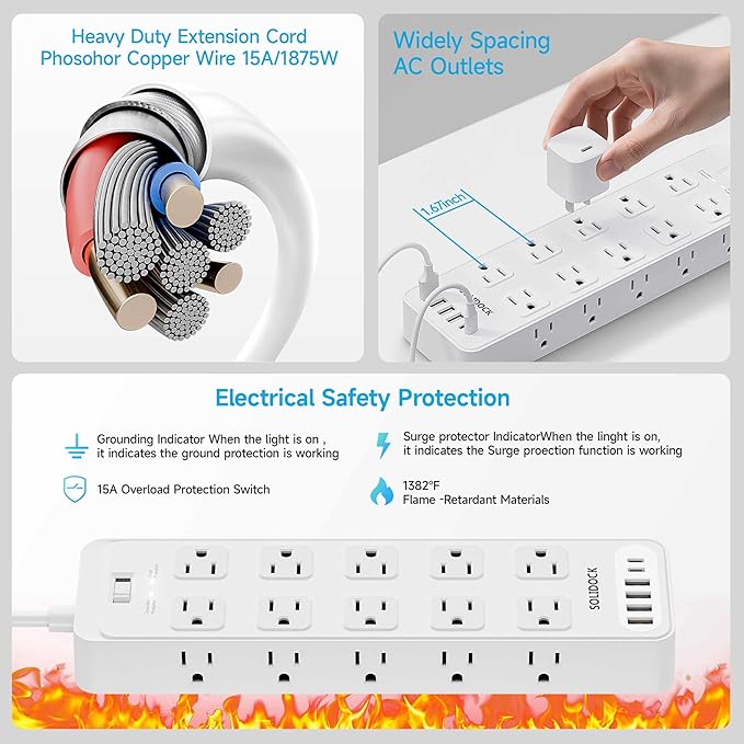 Solidock Power Strip Surge Protector Flat Plug with 20 AC Outlets 6 USB Chagring Ports, 1875W/15A, 2700J, 15 Ft Heavy Duty Extension Cord for Home, Office, Dorm, Gaming,ETL Listed (White, 15Feet)