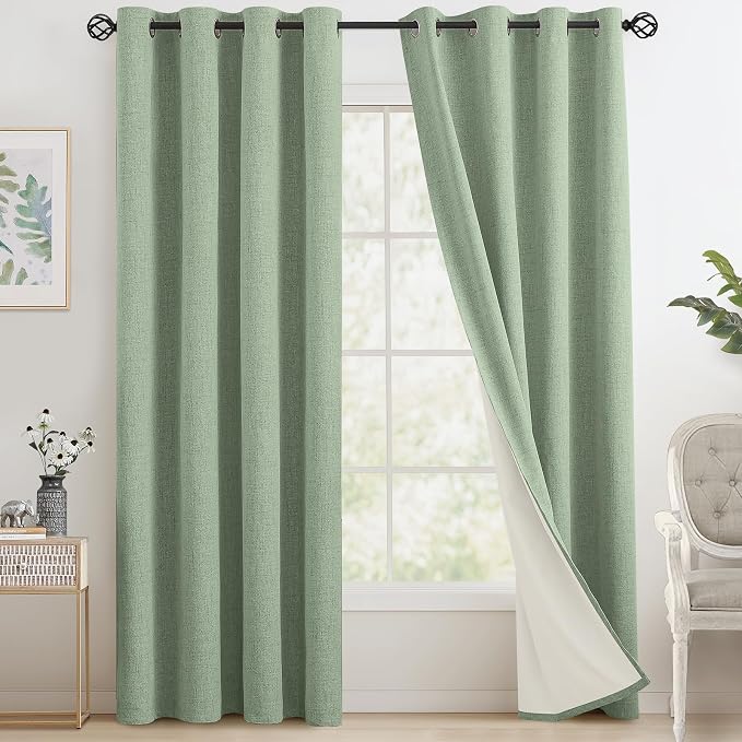 COSVIYA Sage Green Linen Curtains 100% Blackout Grommet Drapes 90 Inches | by COSVIYA