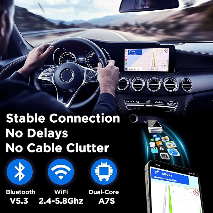 vnilrgle Wireless CarPlay Adapter 2024 Upgrade, Plug and Play, No Latency, Converts Factory Wired to Wireless, Compatible with iPhone 6+ and 2015+ Cars, Bluetooth 2.4GHz and Wi-Fi 2.4+5.8GHz